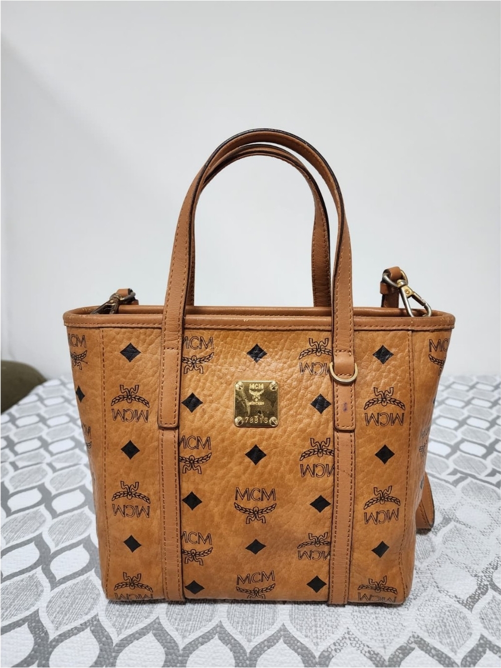 MCM Visetos Mini Toni Shopper Tote Cognac